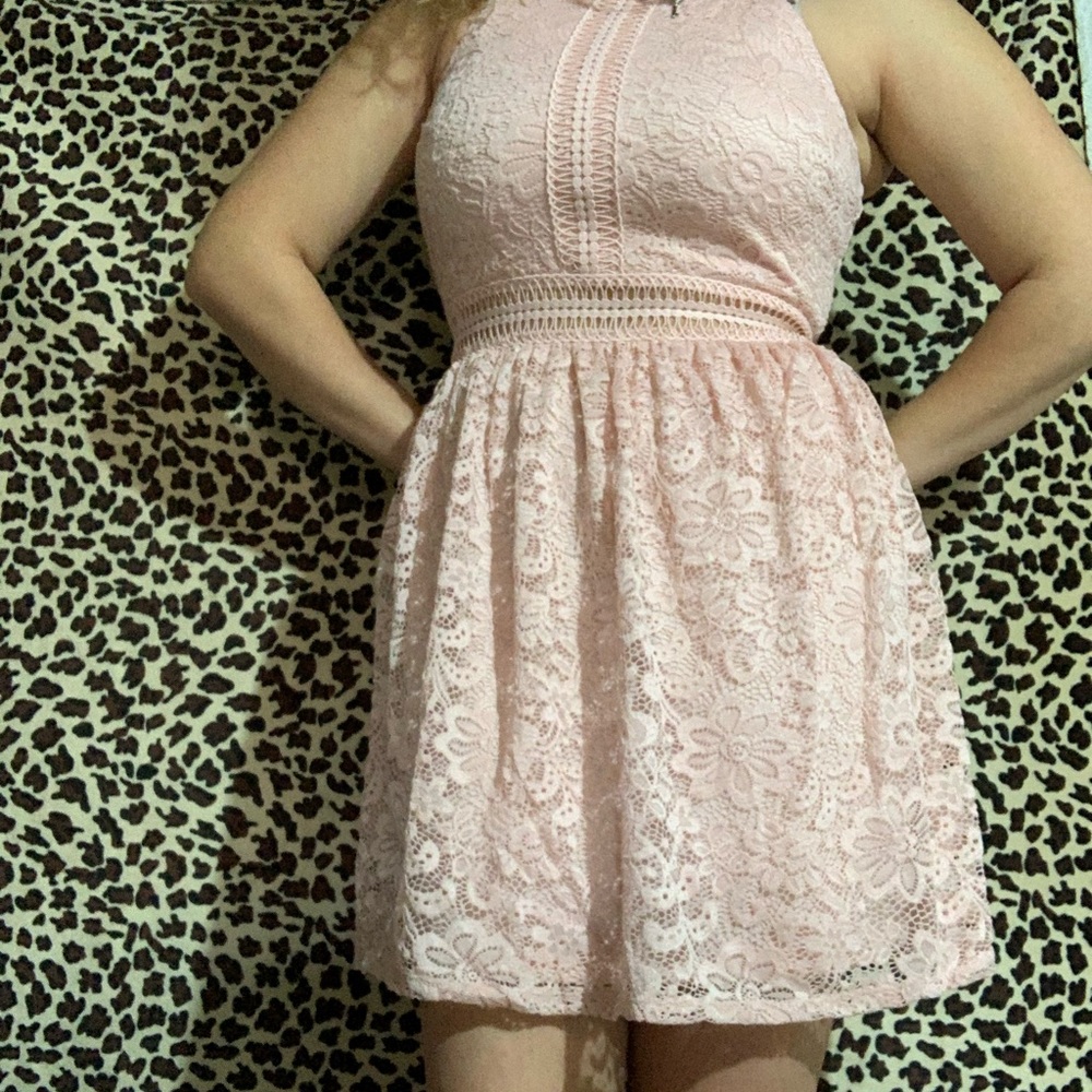 blush lace mini dress